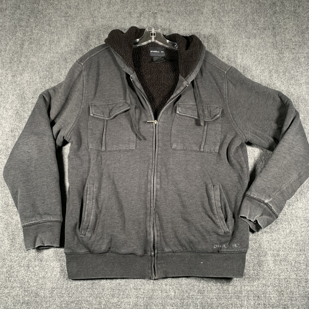 O'Neill Hoodie Mens Large Gray Sherpa Lined Full Zip Fleece Jacket Sweatshirt